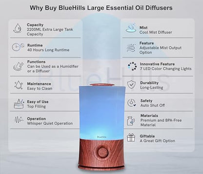BlueHills Premium 2000 ML XL Essential Oil Diffuser Aromatherapy Humidifier for Large Room Home 40 Hour Run Huge Coverage Area 2 Liter Extra Large Capacity Diffuser High Mist Dark Wood Grain E003 - color: Dark Wood Grain