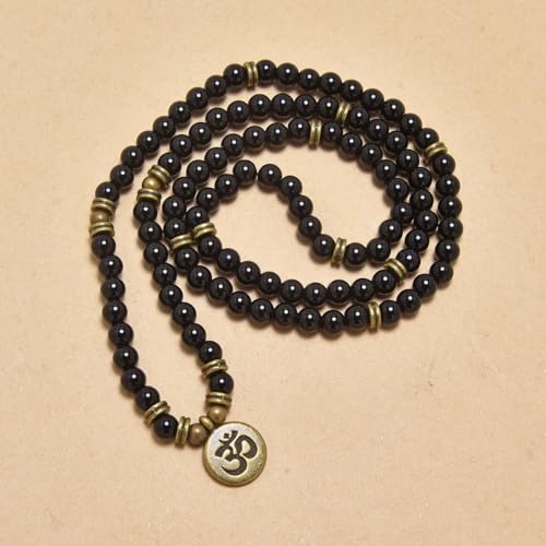 108 Mala Beads Bracelet with om Charm – Healing Stone Meditation Bracelet for Yoga & Prayer, 6mm Beads, Handmade, Gold-Plated OM Charm - style: Black Agate