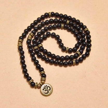 108 Mala Beads Bracelet with om Charm – Healing Stone Meditation Bracelet for Yoga & Prayer, 6mm Beads, Handmade, Gold-Plated OM Charm - style: Black Agate