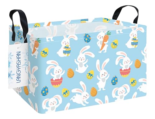 Rectangular Storage Bin Collapse Canvas Fabric Cartoon Storage Basket with Handles for Organizing Home Kitchen Boys and Girls Toys Office Closet Shelf Baskets (Rec Blue Rabbit Easter Egg) - color: Rec Blue Rabbit Easter Egg