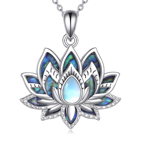 YFN Lotus Necklace for Women 925 Sterling Silver - Moonstone Lotus Flower Pendant - Spiritual Yoga Jewelry Gift - Dainty Silver Necklace for Meditation, Healing, & Everyday Wear - Adjustable 18+2" Chain