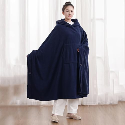 Unisex Meditation Buddhist Hooded Cloak Thickened Warm Loose Coat - color: Navy Blue, size: Large
