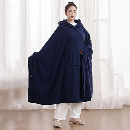 Unisex Meditation Buddhist Hooded Cloak Thickened Warm Loose Coat - color: Navy Blue, size: Large