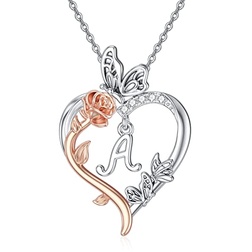 TOUPOP Gifts for Women Her 925 Sterling Silver Rose Heart Initial Necklace Butterfly Heart Jewelry Anniversary Birthday Gifts for Wife Girlfriend Mom - color: A Initial