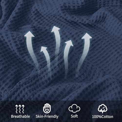 100% Cotton Waffle Blanket (Navy Blue - King Size - 104 * 90''), Pre-Washed and Anti-Shrinkage Soft Lightweight Bed & Couch Blanket, 380 GSM Waffle Weave Throw Blanket for All Seasons - color: Navy Blue, size: King (104"*90")
