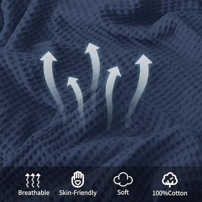 100% Cotton Waffle Blanket (Navy Blue - King Size - 104 * 90''), Pre-Washed and Anti-Shrinkage Soft Lightweight Bed & Couch Blanket, 380 GSM Waffle Weave Throw Blanket for All Seasons - color: Navy Blue, size: King (104"*90")