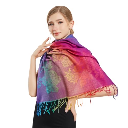 Rave Pashmina Scarf, Fashion Colorful Shawls and Wraps Soft Festival Scarves - color: C-purple (Flower Pattern)