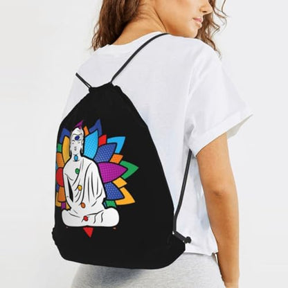Buddha Chakra Meditation Drawstring Backpack Bag Sport Gym Sackpack for Men Women (Black) - size: Medium 19.6x16.5in