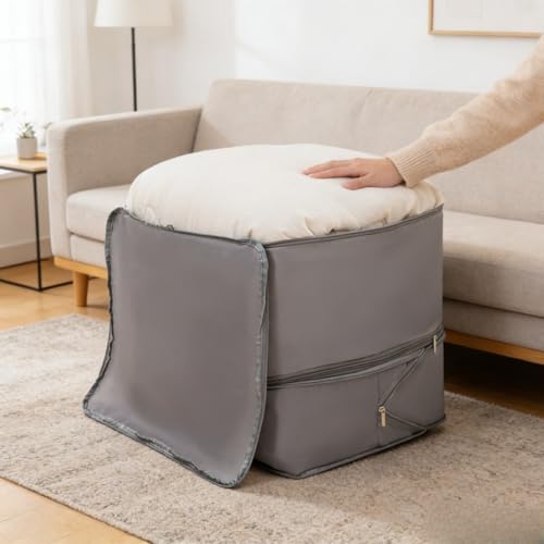 Medium Foldable Storage Bag, 11.8x20.5x16.5in Two Floors Organizer Bag with Sturdy Handles, Zipper Closure, for Comforters, Bedding, and Seasonal Clothes (Grey)