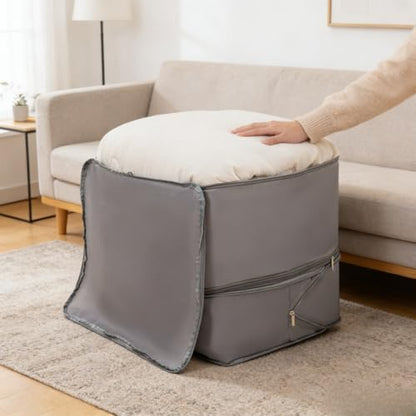 Medium Foldable Storage Bag, 11.8x20.5x16.5in Two Floors Organizer Bag with Sturdy Handles, Zipper Closure, for Comforters, Bedding, and Seasonal Clothes (Grey)