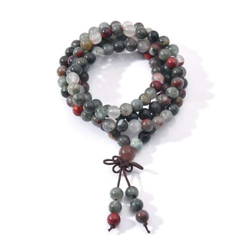 108 Mala Prayer Beads Bracelet 6mm Genuine Gemstone Healing Crystal Stone Beaded Bracelet Buddhist Tibetan Handmade Knotted Elastic Necklace for Yoga Meditation Unisex Women Men - color: African Bloodstone