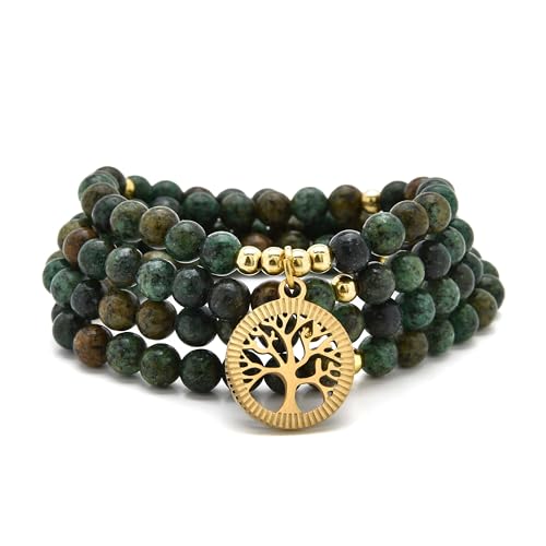 Meditation Accessories, 108 Mala Beads, Gold Tree of Life Charm, Yoga Beads Bracelet or Necklace for Men or Women - style: African Turquoise