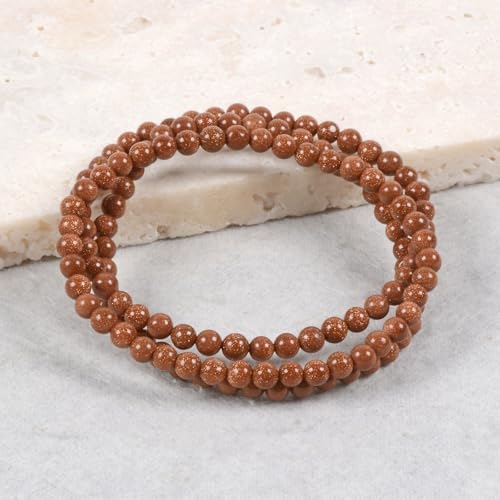 Justinstones Gem Semi Precious Gemstone 3pcs 4mm Round Beads Stretch Bracelet 6.5 Inch Unisex - color: Synthetic Goldstone