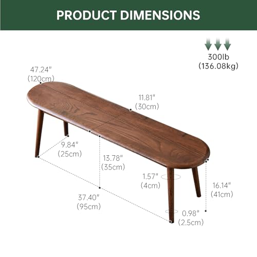 100% Solid Oak Wood Dining Bench, 47.2'' Entryway Bench Ottoman with Rounding Corner Design for Kitchen Living Room Bedroom, Walnut - size: 47.3inch-Walnut-Round Corner
