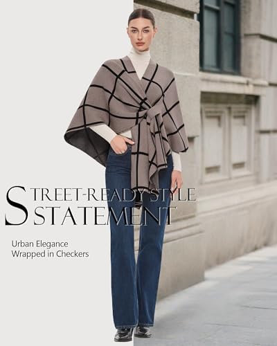PULI Women's Elegant Shawl Wraps Soft Open Front Poncho Sweater for Spring Fall Winter - color: Classic Check-tan and Black