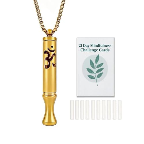Stainless Steel Breathing Necklace with Meditation Cards, 2-in-1 Aromatherapy Necklace for Calm, Stress Support, Focus, and Urge Management for Women Men - color: Gold, style: Necklace with card