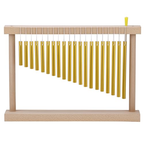 QWORK 20 Note Bar Chimes with Solid Wood Stand – Tabletop Percussion Instrument for Meditation Classroom & Yoga – Gold Tone Hand Chime with Mallet 15 Inch Single Row