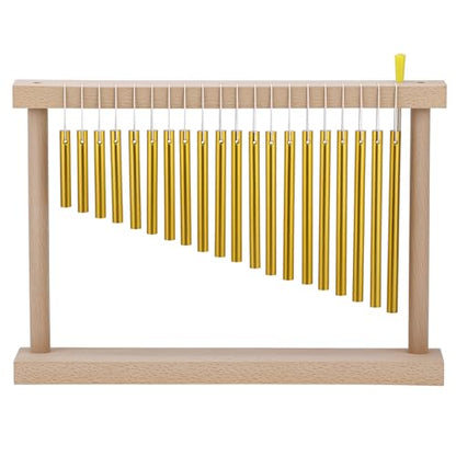 QWORK 20 Note Bar Chimes with Solid Wood Stand – Tabletop Percussion Instrument for Meditation Classroom & Yoga – Gold Tone Hand Chime with Mallet 15 Inch Single Row