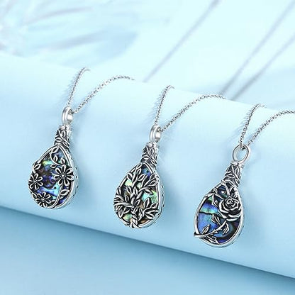 JUSTKIDSTOY Moonstone Urn Necklace for Ashes Sterling Silver Daisy/Rose/Tree Teardrop Pendant Necklace Cremation Jewelry Keepsake Memorial Gifts for Mother Grandma w/Funnel Filler - style: Daisy(Abalone Shell)