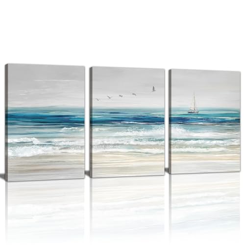 WENGTIAO Abstract Ocean Wall Art Set of 3 Blue Beach Canvas Paintings Minimalist Coastal Prints Pictures Sail Boat Home Decor Seascape Artwork for Living Room Bedroom Hallway 16”x24”x3Pcs - color: Abstract Blue Ocean, size: 16"x24"x3Pcs