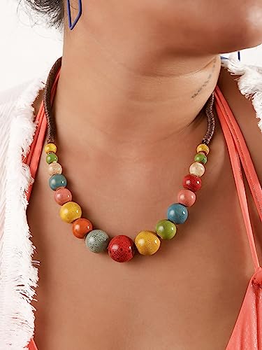 MINACHI Hippie Boho Colorful Ceramic Round Beads Strand Necklace, Bohemian Fashion Statement Jewelry Gift for Women - color: S01