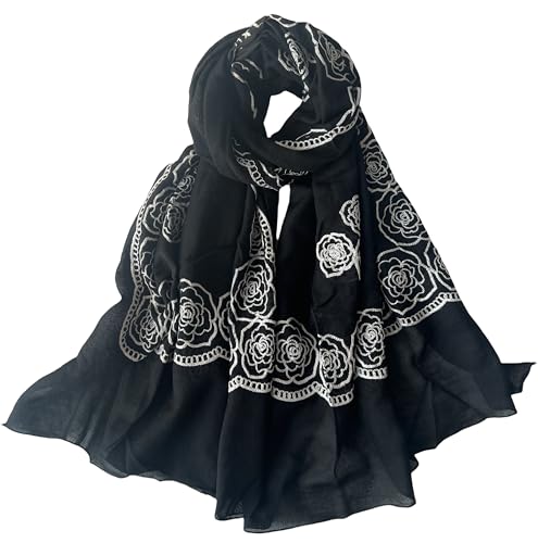 MINIDORA Soft Lightweight Scarves for Women Floral Embroidered Shawls for Holiday Summer Travel Wraps Extra Large - color: Style 1-black