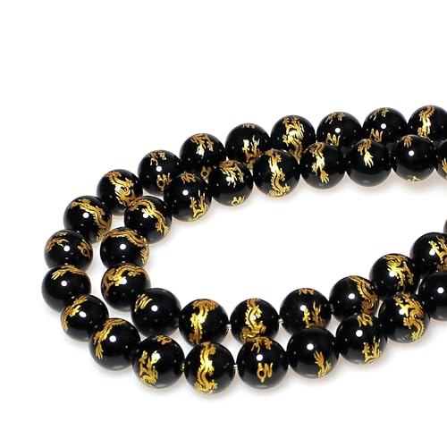 MJDCB Natural Stone Beads 8mm 43pcs Round Black Onyx Carved Dragon Loose Gemstone Bead Charms for Jewelry Making Bracelet Necklace Earring Pendant - color: Black Onyx Carved Dragon, size: 8mm
