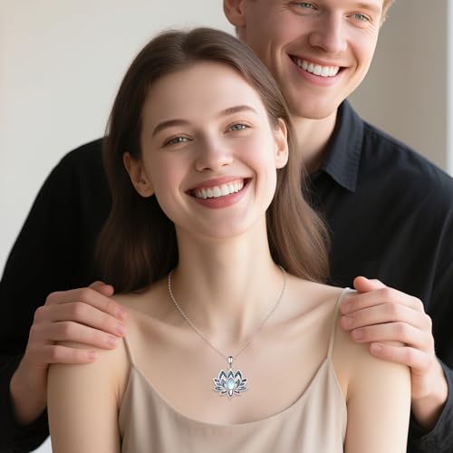 YFN Lotus Necklace for Women 925 Sterling Silver - Moonstone Lotus Flower Pendant - Spiritual Yoga Jewelry Gift - Dainty Silver Necklace for Meditation, Healing, & Everyday Wear - Adjustable 18+2" Chain