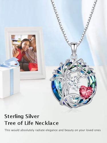 TOUPOP s925 Sterling Silver Family Celtic Tree of Life Pendant Necklaces with 2 Heart Birthstone with Blue Austrian Crystal Jewelry Birthday Valentines Day Gifts for Her, Anniversary Christmas Gifts for Wife Girlfriend Mom (18K Real White Gold Filled) - c