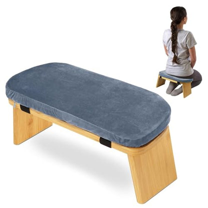 HouseVibe Meditation Bench Kneeling Stool Ergonomic Wood with Soft Cushion, Foldable, Portable Prayer Bench, Meditation Stool- Gray Blue - color: Gray Blue