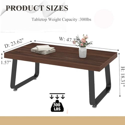 HSH Rustic Walnut Coffee Table, Modern Center Table, Rectangle Industrial Living Room Coffee Table, Simple Farmhouse Wood and Metal Tea Table for Home Bedroom Office, Walnut, 47 in - color: Walnut, size: 47 inch
