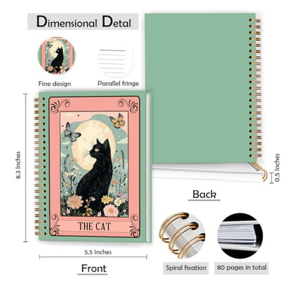XUNLURY Black Cat Floral Moon Butterfly Notebook, Witchy Tarot the Cat Journal, Mystical Celestial Botanical Journal, Boho Witchy Aesthetic Hardcover Spiral Notebook, 5.5x8.3 Inch - color: Color_8