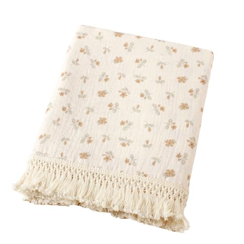 vctops Muslin 100% Cotton Throw Blanket for Couch Breathable Gauze Bed Blankets with Tassels Soft Cozy Lightweight Floral Print Throws for Sofa, Bed, Travel (Floral B,50"x70") - color: Floral B, size: Large Throw(50"x70")