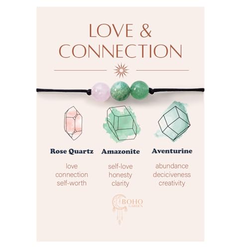 BOHO GARDEN Healing Bead Bracelets - Spiritual Crystal Beaded Bracelet - Made of 3 Real & Natural Gemstones, Adjustable 3-9.7” Black Rope - Gem Stones Jewelry for Men, Women, Teens (13+) - 8mm Bead - color: LoveConnection
