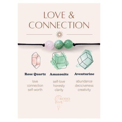 BOHO GARDEN Healing Bead Bracelets - Spiritual Crystal Beaded Bracelet - Made of 3 Real & Natural Gemstones, Adjustable 3-9.7” Black Rope - Gem Stones Jewelry for Men, Women, Teens (13+) - 8mm Bead - color: LoveConnection