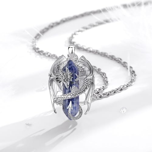 INFUSEU Unique Dragon Necklaces with Healing Crystal Stone for Men Women, Personalized Spiritual Gifts, 24 Inch Chain - color: Blue