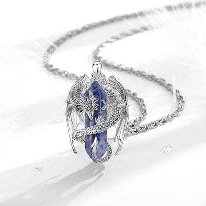 INFUSEU Unique Dragon Necklaces with Healing Crystal Stone for Men Women, Personalized Spiritual Gifts, 24 Inch Chain - color: Blue
