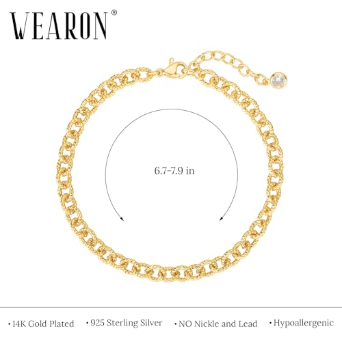 WEARON Gold Bracelet for Women 14K Gold Plated Snake Herringbone Figaro Cuban Bead Paperclip Cable Box Chain Simple Jewelry - style: Moire Chain