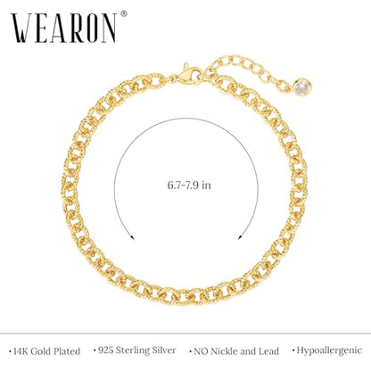 WEARON Gold Bracelet for Women 14K Gold Plated Snake Herringbone Figaro Cuban Bead Paperclip Cable Box Chain Simple Jewelry - style: Moire Chain