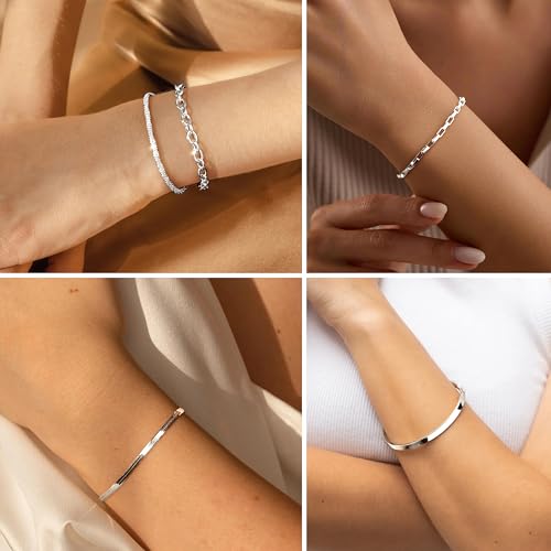 Dainty Gold Bracelet for Women Stack, Thin Bracelets Stackable Set with Bangle Cuff, Box, Herringbone, Paperclip, Figaro, Sparkling Link Chains Waterproof, Simple Jewelry Gifts for Women Non Tarnish - color: style 02-silver