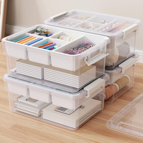 80Qt S Stackable Storage Bins with Lids & Trays, Clear Craft Organizers Latching Boxes with Dividers for Arts & Crafts Supply, Portable Plastic Containers for Home and Car Trunks, 4Pack - color: Clear White, size: 20QT-4Pack