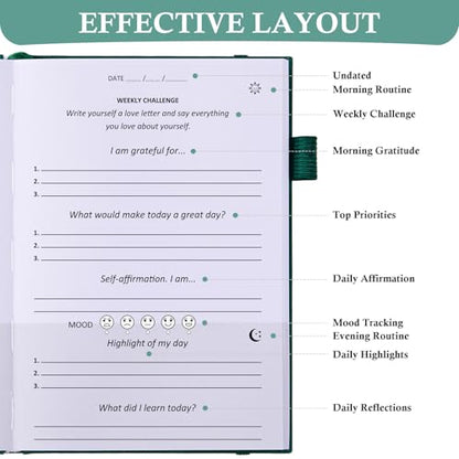 Comkiso Gratitude Journal with 4 Inspirational Stickers: Undated Daily Gratitude Journal for Women and Men - More Happiness, Affirmation, and Mindfulness in A Few Minutes with Prompts & Quotes (Green) - color: B. Green