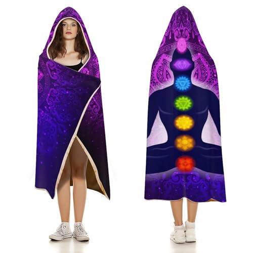 Seven Chakra Yoga Meditation Lotus Purple Mandala Large Size Comfortable Hooded Blanket, Warm Blanket 50"x60" - color: Seven Chakra Yoga Meditation Lotus Purple Man, size: 50"x60"