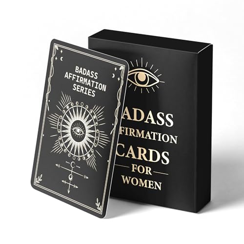 52 Celestial Badass Affirmation Cards for Women - Midnight Black & Pale Yellow Mindfulness Deck - Daily Motivation Cards - Inspirational Self Care Gift for Empowerment & Confidence - color: Black