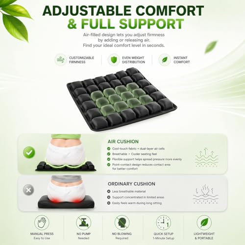 Inflatable Travel Seat Cushion for Airplane, Press-to-Inflate Air Cell Cushion, Portable & Foldable for Long Sitting, Car, Office, Wheelchair (36-Cell Air Cushion)