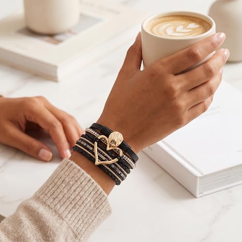 Edoneery Leather Wrap Bracelet for Women, Boho Handmade Multi-Layer Cuff with Crystal Beads Heart, Stackable Bangle Western Jewelry Gift - style: Circle Heart(Black)