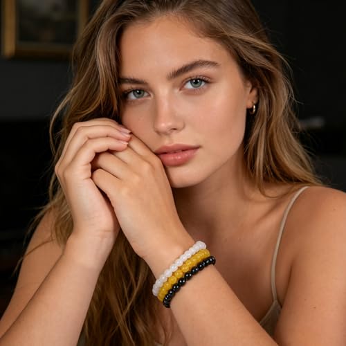 3PCS Agate Bracelet for Women Men Natural Round Beaded Agates Stone Healing Stretch Bracelets Elastic Handmade Polished Gemstone Beads Bracelet - color: Black+Yellow+White