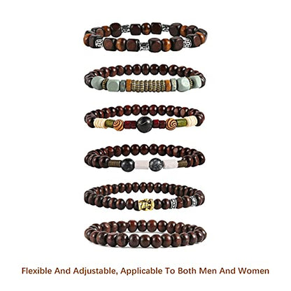 HZMAN Wrap Bracelets Men Women, Hemp Cords Wood Beads Ethnic Tribal Bracelets, Leather Wristbands - style: Skull