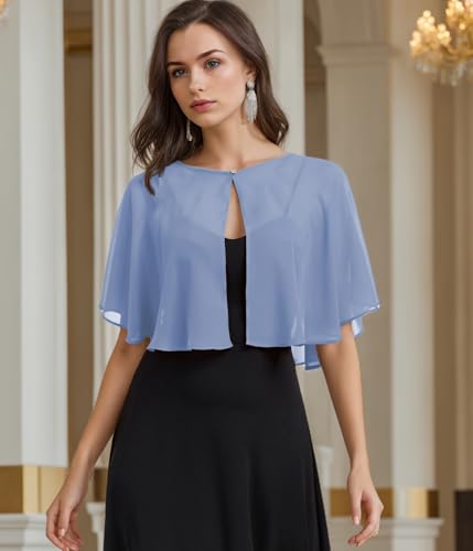 TONGFANTFL Women's Soft Chiffon Capelets Shawls and Wraps for Evening Wedding Cape Bole Cover Up - color: Dusty Blue