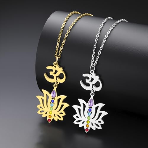 VASSAGO Lotus Flower Chakra Necklace for Women Lotus Flower Necklace 7 Chakra Pendant OM Symbol Buddha Amulet Spiritual Healing Jewelry Yoga Meditation Gift - color: Gold 2